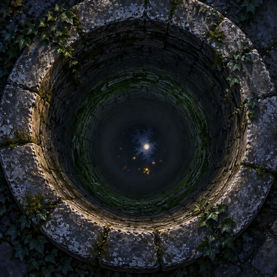 Bird's-eye view looking straight down into a mossy stone wishing well, golden coins glinting in the moonlit water below